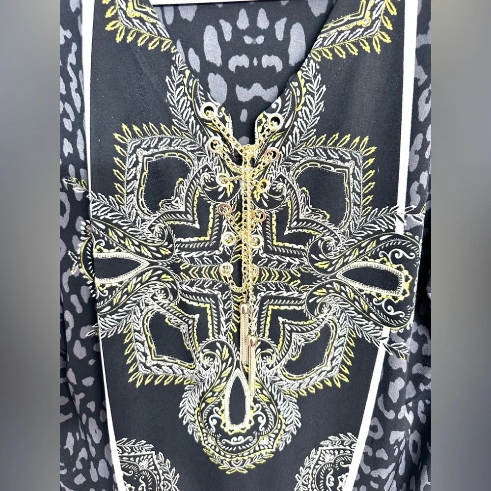 JM Collection Y2K Leopard-Panther Print w/Gold Chain Front Closure Blouse P/XL - Picture 3 of 11